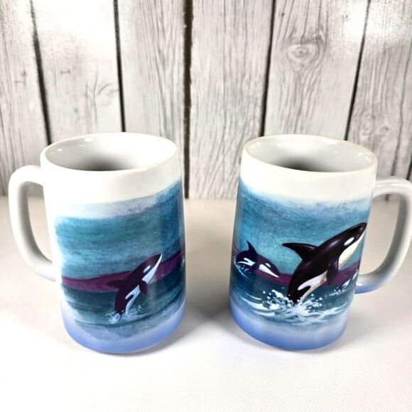 Vintage Otagiri Japan Killer Whale Hand Painted Ceramic Coffee Mug Set of 2 - Picture 2 of 9